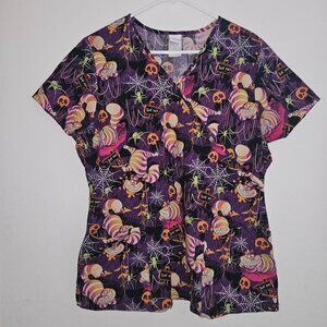 Disney Cheshire Cat Scrubs Top Shirt Large Alice in Wonderland Halloween Purple